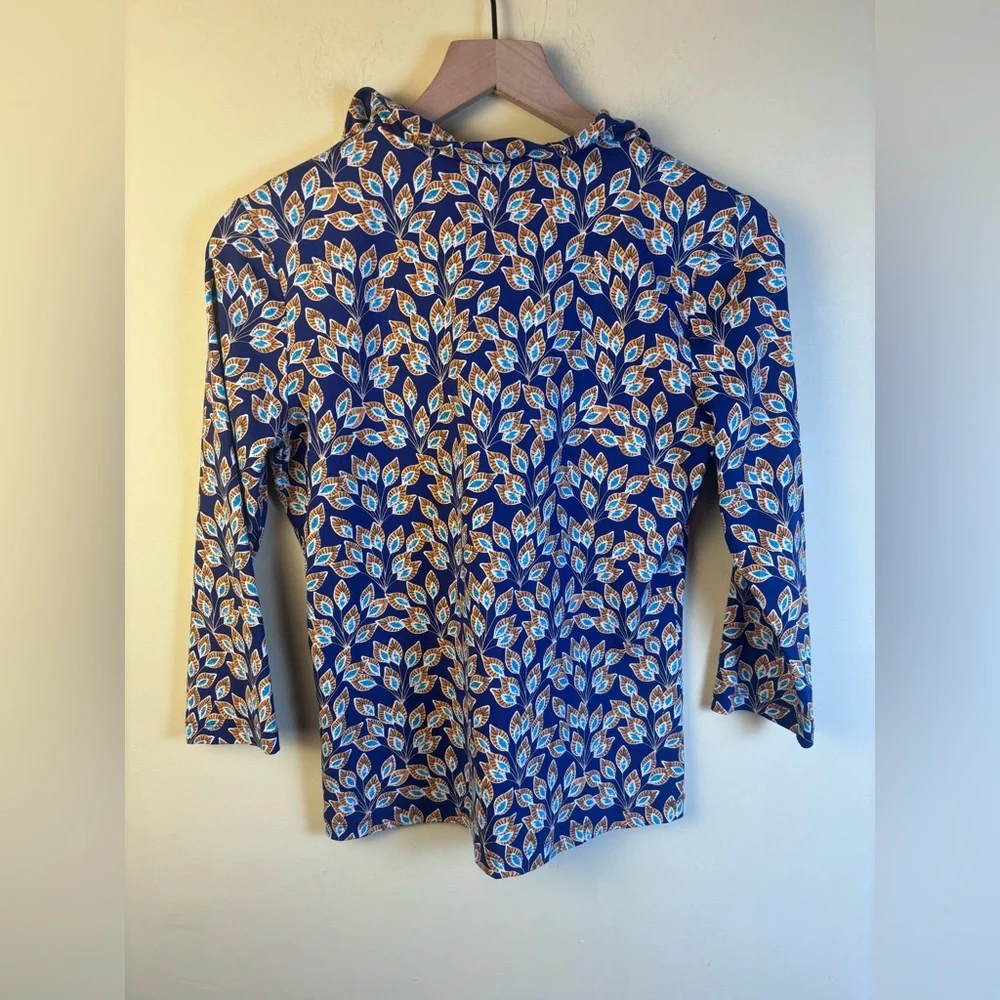 J. McLaughlin Blue and Orange Patterned Top Ruffle Neckline 3/4 Sleeves Small - Picture 4 of 4